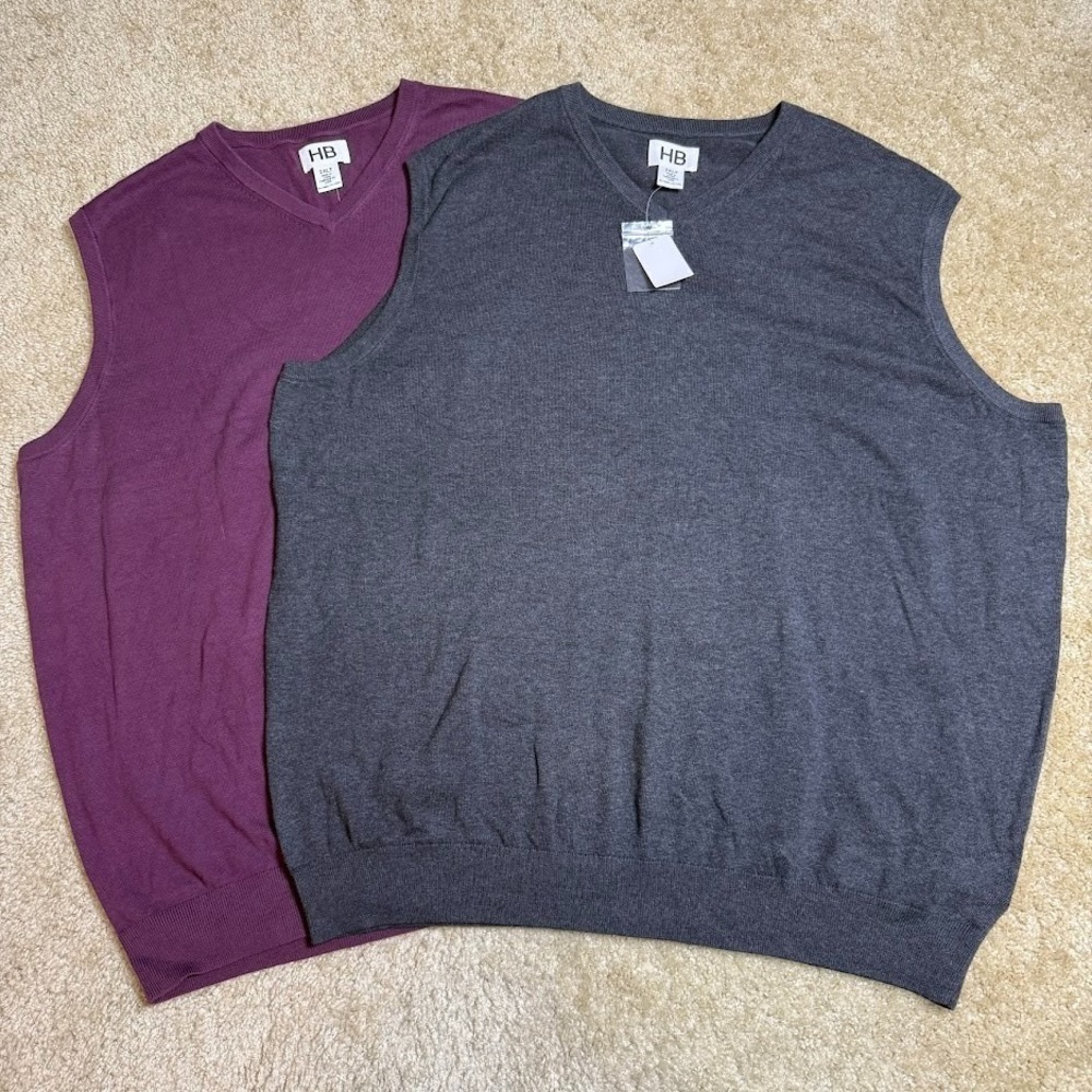 HB Sweater Vest Mens 2XLT Gray Purple V Neck Golf‎ Big Tall Knit NWT Lot of 2